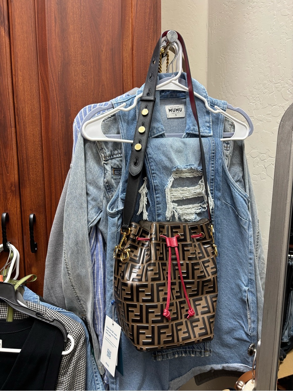 Fendi Brown Embossed FF Bucket Bag with Red Drawstring and Black Strap - Picture 6 of 8